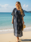 Women’s Boho Black Floral Maxi Kaftan – Kimono Beach Coverup Dress S/M/L