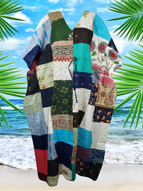 Womens Maxi Kaftan Dress, Patchwork Lounger, Cotton Resort Wear Maxidress One size
