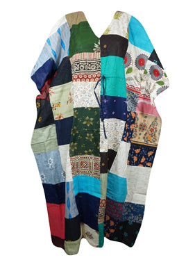 Womens Maxi Kaftan Dress, Patchwork Lounger, Cotton Resort Wear Maxidress One size