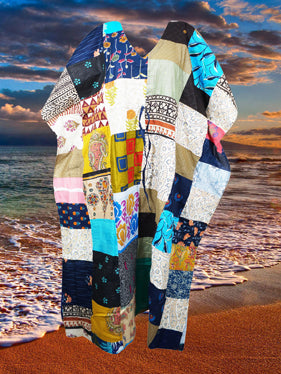 Hippie Boho Patchwork Kaftan, Cotton Kimono Maxidresses, blue Beach kaftan One size