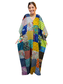  Women’s Yellow & Blue Cotton Patchwork Maxi Kaftan  Long Boho Beach Cover-Up Dress  L-3X