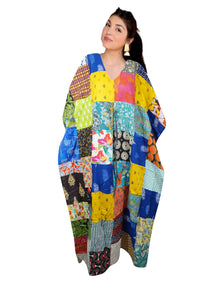  Women's Oversized Patchwork Cotton Kaftan – Boho Maxi Beach Dress One size