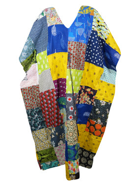 Patchwork Cotton Kaftan Dress, Womens Kimono Maxidress, Summer Cruise Caftan L-3XL