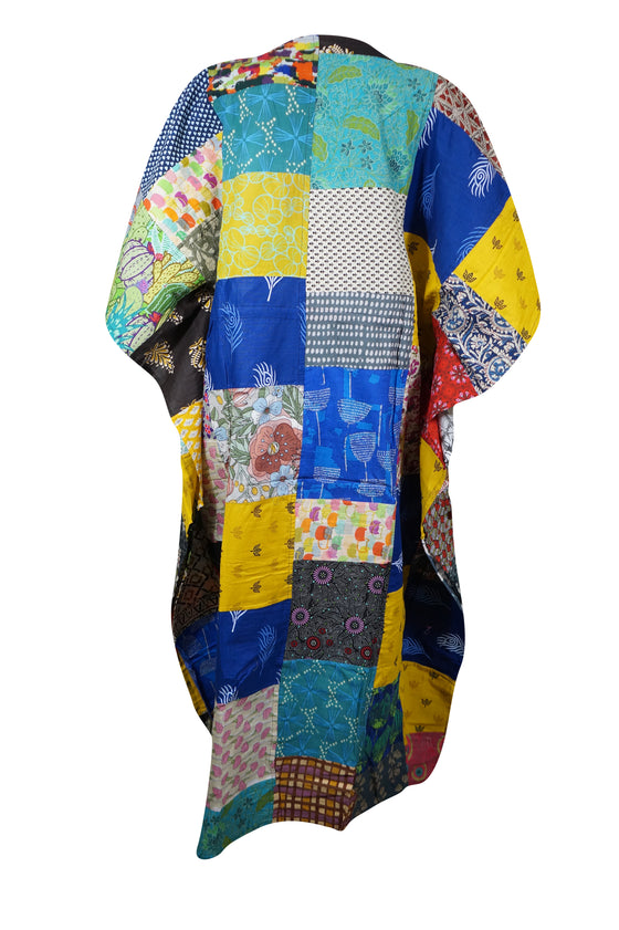 Patchwork Cotton Kaftan Dress, Womens Kimono Maxidress, Summer Cruise Caftan L-3XL