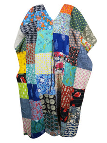  Womens maxidress, Patchwork beach cover up, Blue Summer Cotton kaftan dress, L-3X