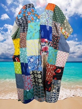 Women maxidress, Patchwork beach cover up, Blue Summer Cotton kaftan dress, L-3X