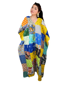  Women's Yellow Patchwork Cotton Maxi Kaftan – Soft Beach Cover-Up Caftan Dress L-3X