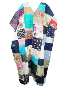  Printed Cotton Maxi Kaftan, Patchwork Maxidress, Yellow Blue, cruise resort wear L-3X