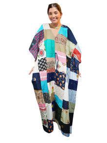  Women's Patchwork Cotton Maxi Kaftan Dress – Yellow & Blue Printed Cruise Resort Wear L-3X