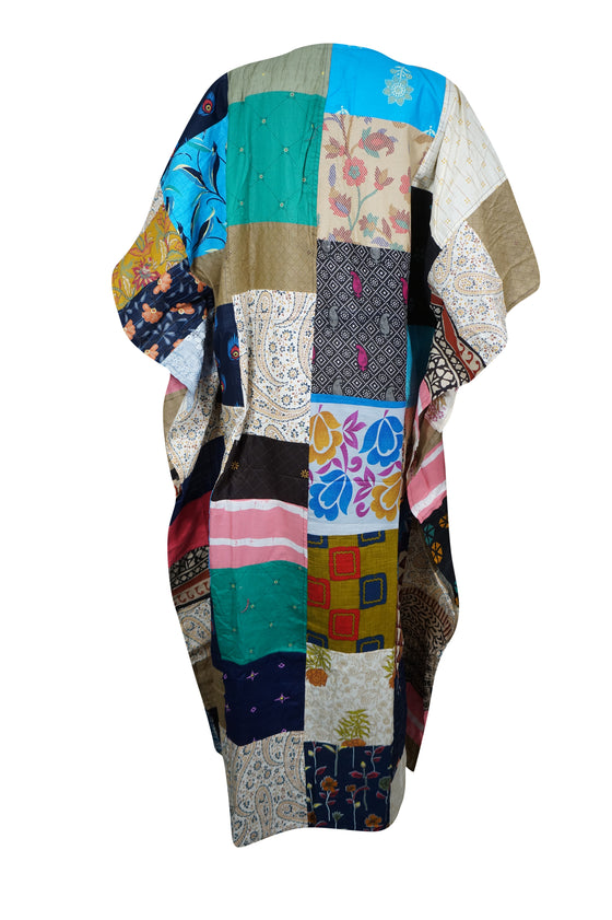 Cotton Patchwork Maxi Kaftan Dress, Blue Handmade Boho Caftan Dresses, L-3X