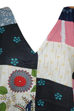 Fall Maxi Floral Print Dress, Patchwork Cotton Beach Kimono Dresses L-3X