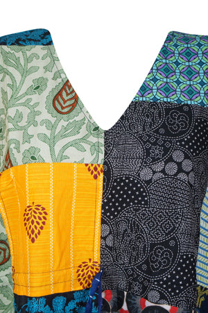 Boho Maxi Dress With Patchwork, Cotton Colorful Printed Kaftan Maxi Dresses L-3X