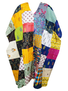  Long Boho Dress With Patchwork Floral Print In Mutlicolor, Cotton Maxi Kaftan L-3X