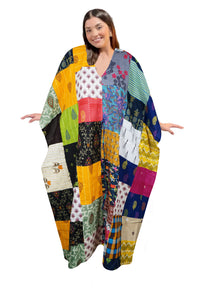  Hippie Patchwork Cotton Maxi Kaftan – Multicolor Boho Lounge Dress L-3X