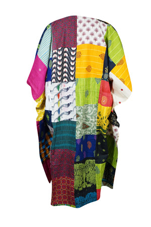 Long Boho Dress With Patchwork Floral Print In Mutlicolor, Cotton Maxi Kaftan L-3X