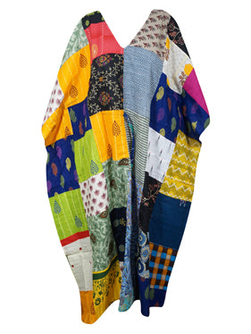 Kaftan Maxi Floral Print Dress, Patchwork Cotton Beach Kimono Dresses L-3XL