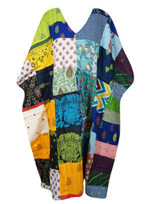  Cotton Maxi Dress, Patchwork Multicolor Floral Print Kaftan, Beach Long Caftan L-3X
