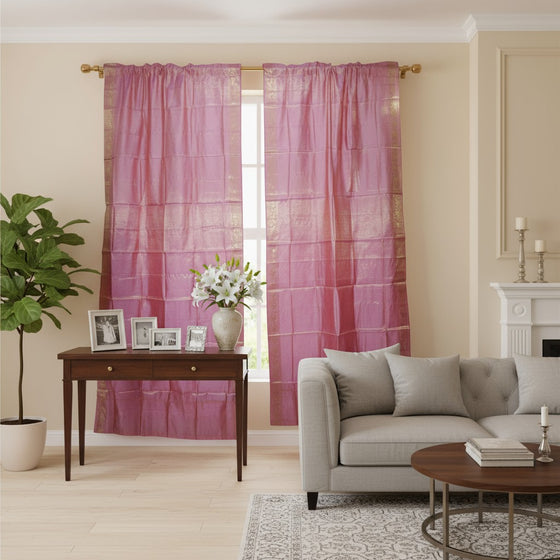Pair of Indian Pink Sherbet Gold Sari Curtains – Elegant Rod Pocket Drapes for Boho Home 96