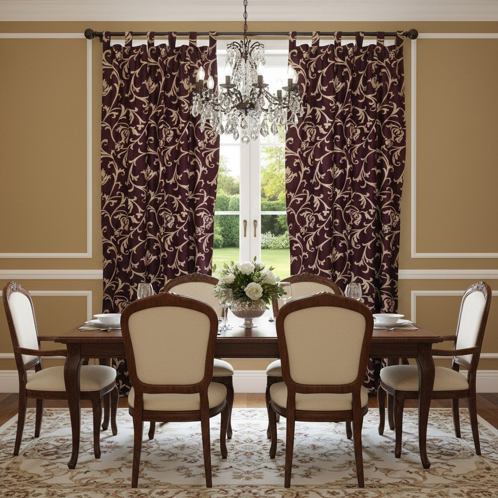  Pair of Plum Floral Curtains – Printed Crushed Velvet Feel Tab Top Drapes 96