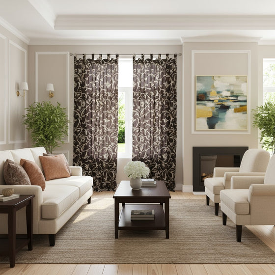 Pair of Brown Floral Printed Curtains – 96" Tab Top Drapes for Elegant Boho Interiors