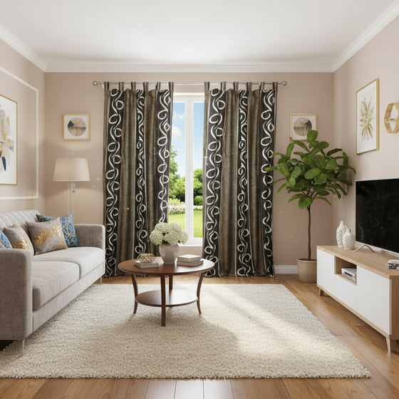 Bedroom Curtains – Pair of Brown Beige Vineyard Window Panels with Tab Tops