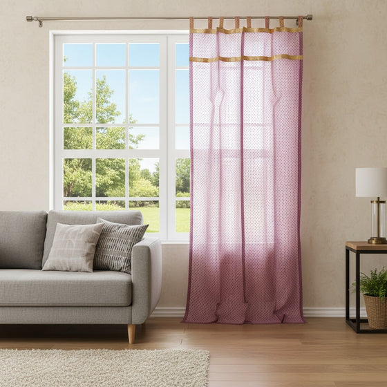 Pair of Sheer Purple Window Curtains – Gold Tab Top Bed Canopy Drapes