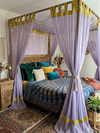 Pair of Boho Sheer Curtains – Purple Striped Drapes with Gold Tabs, Bed Canopy Curtains 84