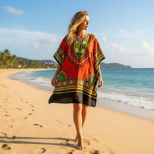  Red & Green Short Boho Kaftan – Women’s Hippie Beach Dress Colorful Summer Resort L-2XL