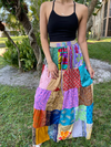 Womens Crimson Sky Patchwork Maxi Skirt, Silk Sari Beach Festival Retro hippy Skirts SML