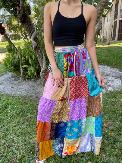 Womens Summer Maxi Skirt, Multi Beige Patchwork Recycle Silk Sari Gypsy Skirts S/M
