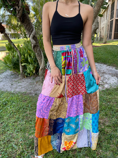 Womens Retro Patchwork Skirt, Summer Skirts, Multi blue, Recycle Silk, Boho Maxi Skirts SML