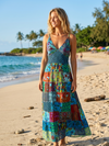 Blue Patchwork Maxi Dress for Women | Bohemian Festival Long Dress  M/L