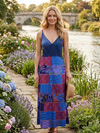Women’s Blue Patchwork Maxi Dress – Printed Bohemian Long Dress Fashion M/L