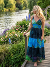 Blue Patchwork Maxi Dress for Women – Boho Chic Flowy Bohemian Day Dress M/L