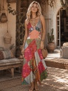 Red Patchwork Hippie Dress | V-Neck Cotton Midi Boho Strap Dress M/L