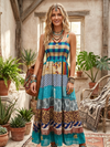 Women’s Mixed Blue Silk Maxi Strap Dress – Boho Summer Silk Dress for Beach Vacation S/M
