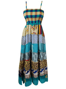  Womens Maxi Strapdress, Mixed Blue Silk Summer Silk Dresses S/M