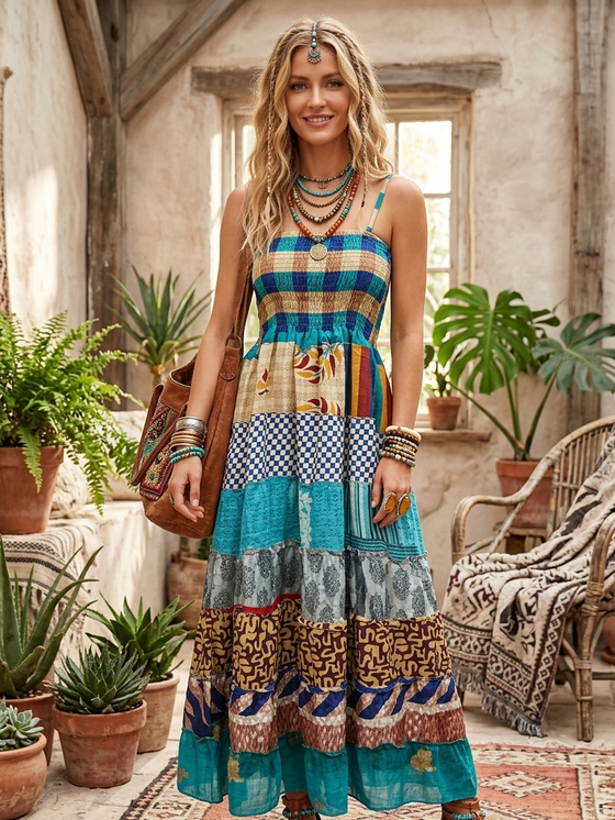 silk boho dress Women's Mixed Blue Maxi Strap – Summer Silk Dress for Flattering Silhouette Silk slip dress - Size:XX-Small 40-off-selected-uk