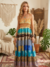 Women’s Blue Yellow Silk Summer Maxi Dress – Boho Strap Dress for Beach Vacation S/M