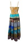 Womens Maxi Dress Blue Yellow Silk Summer Strapdresses S/M