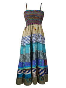  Womens Strap Dress Multi Ocean Blue Silk Summer Maxi Dresses S/M