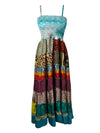 Womens Strap Maxi Dress Blue Printed Silk Tiered Boho Dresses S/M