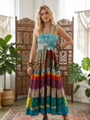 Women’s Blue Printed Silk Tiered Strap Maxi Dress – Boho Summer Dress  S/M