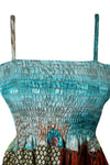 Womens Strap Maxi Dress Blue Printed Silk Tiered Boho Dresses S/M