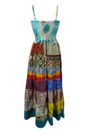 Womens Strap Maxi Dress Blue Printed Silk Tiered Boho Dresses S/M