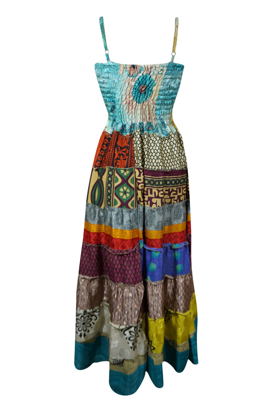 Womens Strap Maxi Dress Blue Printed Silk Tiered Boho Dresses S/M