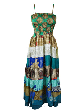 Womens Sundress Green Recycle Silk Tiered Maxi Dresses S/M