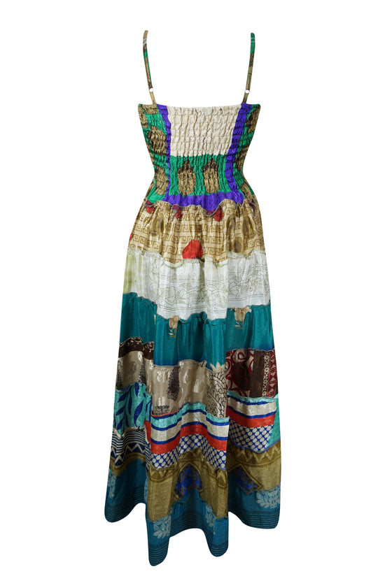 Womens Sundress Green Recycle Silk Tiered Maxi Dresses S/M