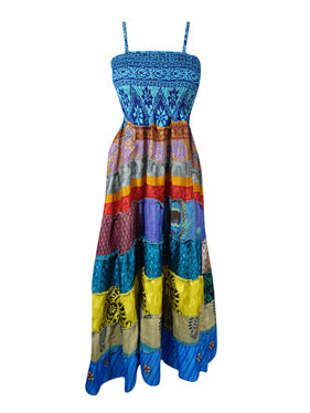 Womens Strap Dress Multi Ocean Blue Silk Summer Maxi Dress Boho Beach Vacation Dress S/M Womens Strap Dress Multi Ocean Blue Silk Summer Maxi Dress Boho Beach Vacation Dress S/M
