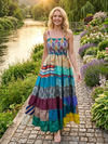 Women’s Silk Maxi Dress – Multi Blue Tiered Beach Dress | Bohemian Summer Style S/M